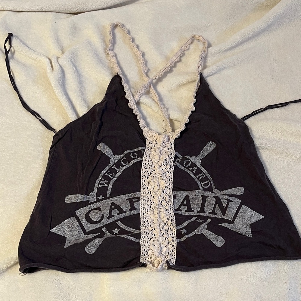 Tokyo Darling Black and Cream Captain Graphic Tank Top